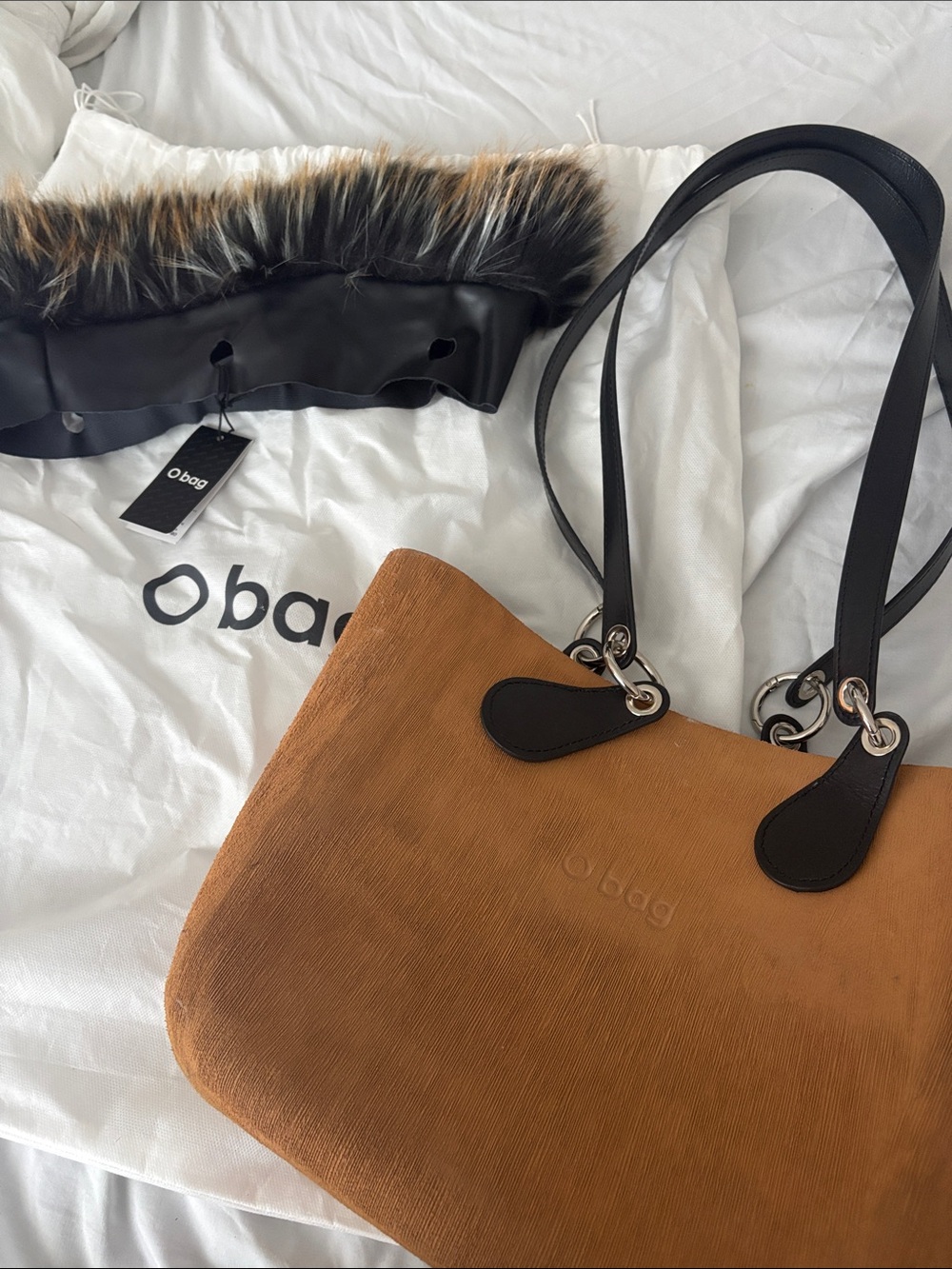 Obag Women's Texture Tote in Cognac with Black Trim small size